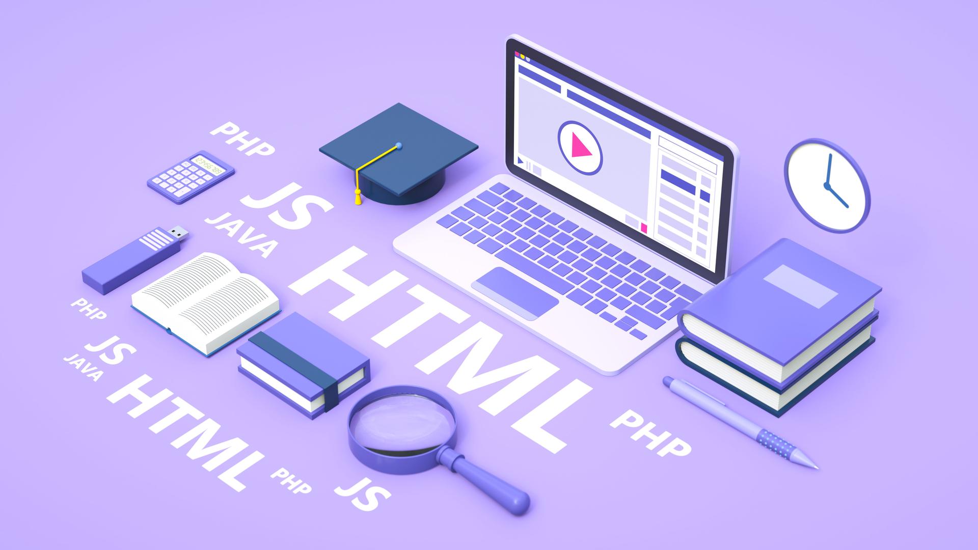 3D Illustration of Web Development and Programming Languages – Digital Learning Concept