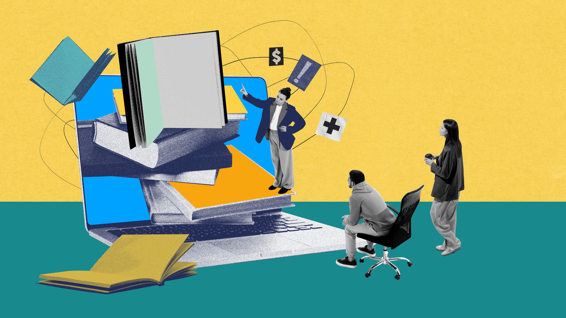 Woman, lecturer interacting with books inside laptop, while man and woman listening to her. Digital presentations and modern teaching. Contemporary art collage.