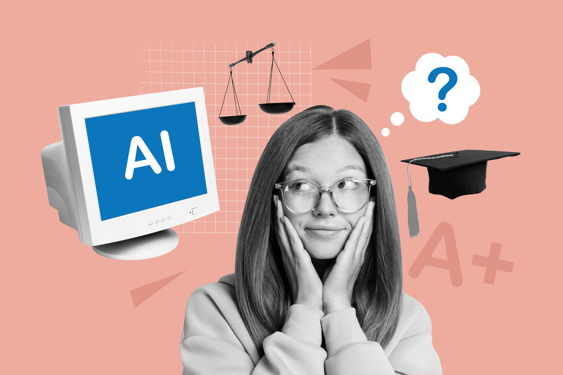 Creative trend 3D collage sketch of ai computer monitor young girl think graduate cap pupil technology knowledge virtual classroom study