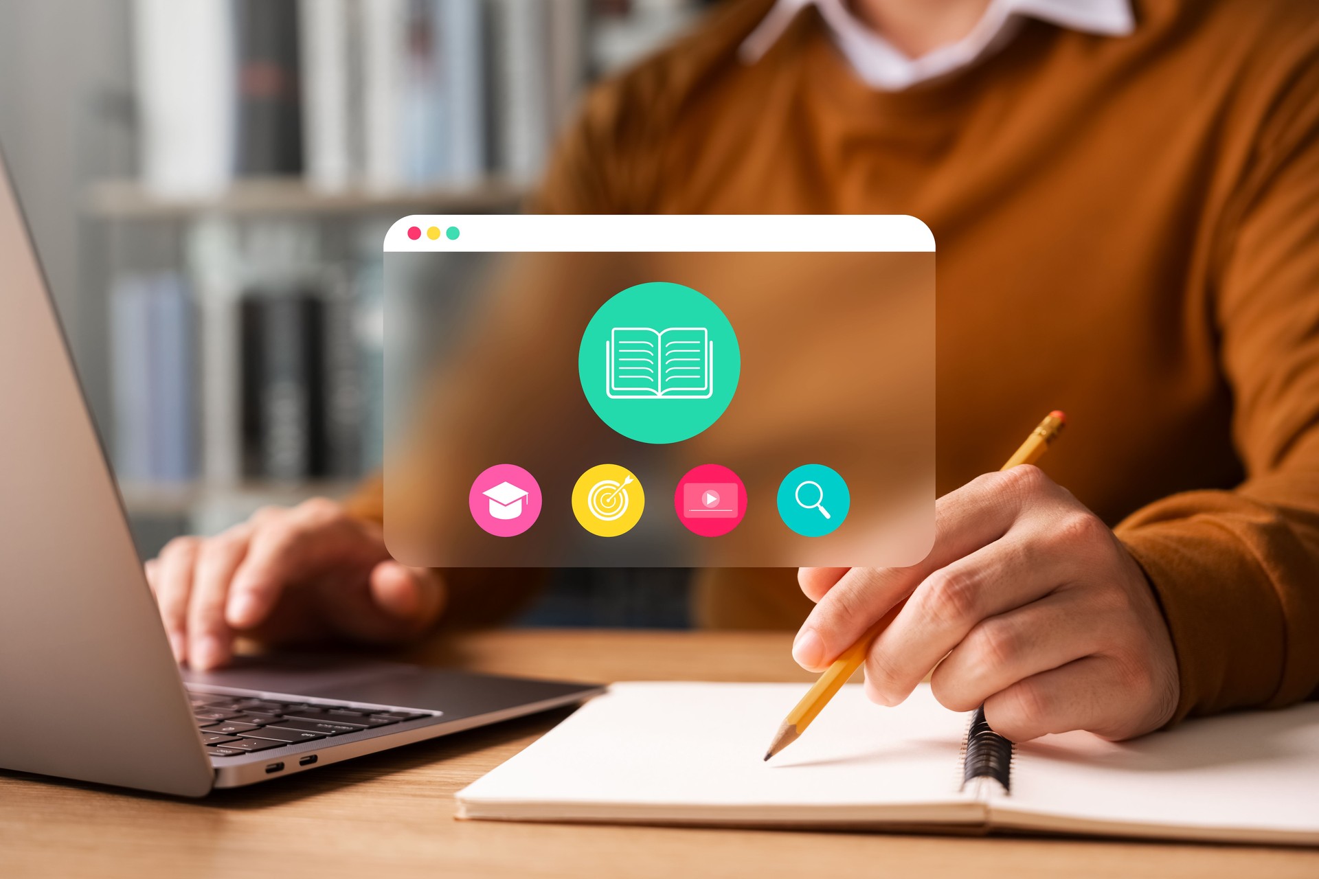 concept of e-learning, Student using online learning platform with education icons on laptop, digital education, virtual classroom and distance learning in modern technology.